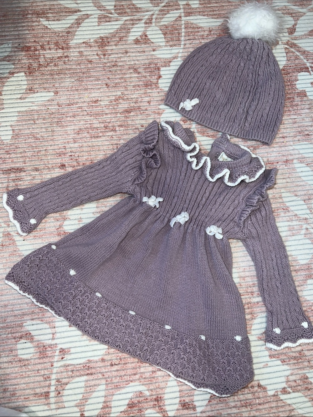 Babygirl Lavender Knit Ruffle Dress with Pom Beanie -